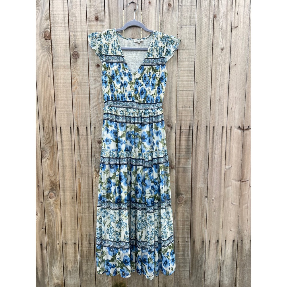 Anthropologie Moon River Blue Floral Smocked Tiered Maxi Dress Cottagecore Boho